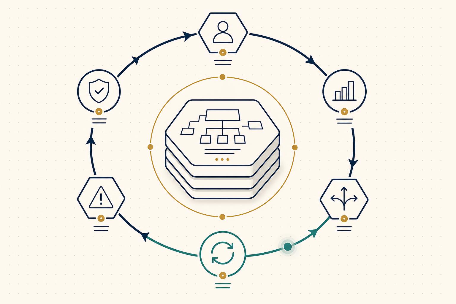 The FabbLab operating loop: the central Blueprint surrounded by a continuous cycle of people, performance, decisions, refresh, risk and governance — feeding back into a refreshed Blueprint.
